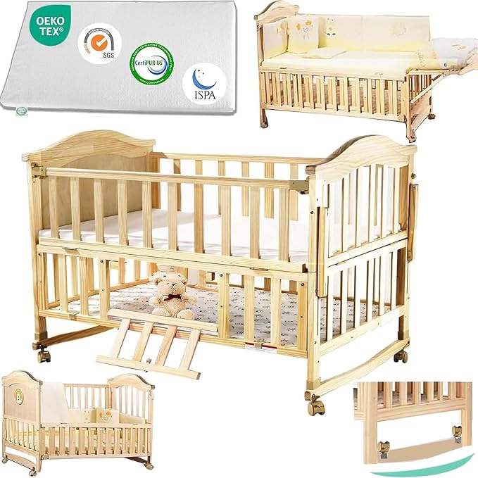 Portable Mini Baby Crib 4 in 1 Convertible with Memory Foam Mattress(38" by24) Included,cunas para Bebes 2026 Small Crib with Foldable Storage Baby Playpen Bedside Sleeper Beds(Natural Wood)