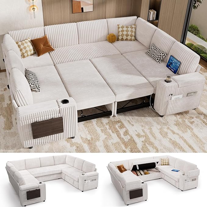 Vipbear 111" Modular Sectional Sleeper Sofa with Pull Out Bed, 8 Seat Plush Corduroy U Shaped Couch with Storage Chaise|USB Ports|Cup Holders|Side Table| Storage Armrests, Tool Free Assembly, Beige