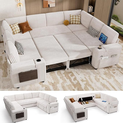 Vipbear 111" Modular Sectional Sleeper Sofa with Pull Out Bed, 8 Seat Plush Corduroy U Shaped Couch with Storage Chaise|USB Ports|Cup Holders|Side Table| Storage Armrests, Tool Free Assembly, Beige
