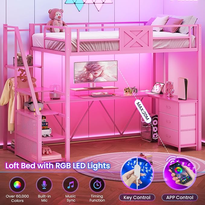 Itaar Stairway Twin Size Loft Bed with L Shaped Desk and Wardrobe, Metal Loft Bed Frame with Stairs, 3 Fabric Drawers, LED Lights & Charging Sation, No Noise & No Box Spring Needed, Pink