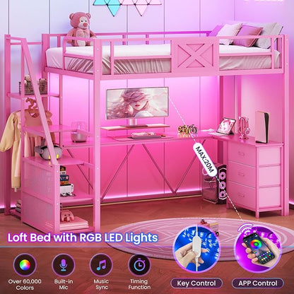 Itaar Stairway Twin Size Loft Bed with L Shaped Desk and Wardrobe, Metal Loft Bed Frame with Stairs, 3 Fabric Drawers, LED Lights & Charging Sation, No Noise & No Box Spring Needed, Pink