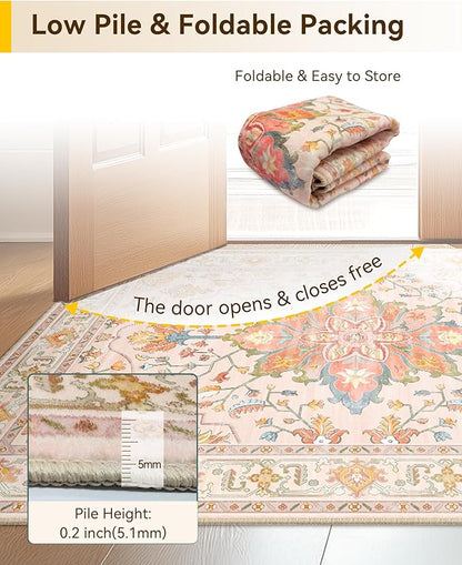 RELEANY Area Rugs Square 4ft Washable Non-Slip, Floral Vintage Distress Medallion Carpet for Living Room Bedroom Dining Room, Light Pink Colorful