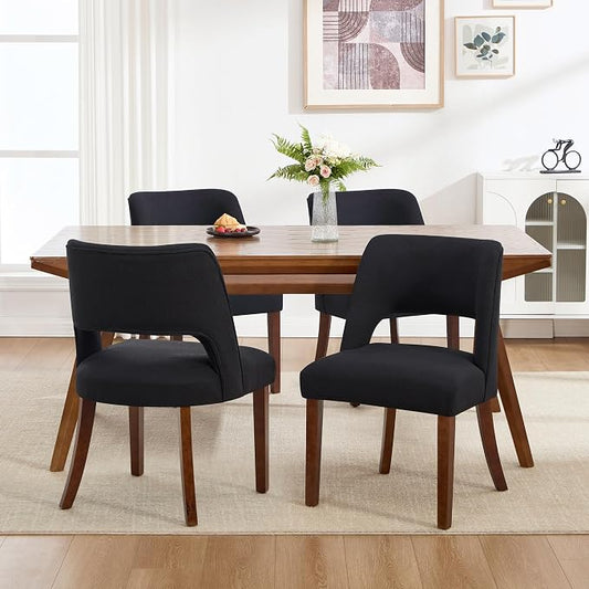 Dining Chair Set of 4,Modern Dining Room Chairs with Thick Cushions,Upholstered Linen Fabric Kitchen Chairs for Kitchen Dining Room Black