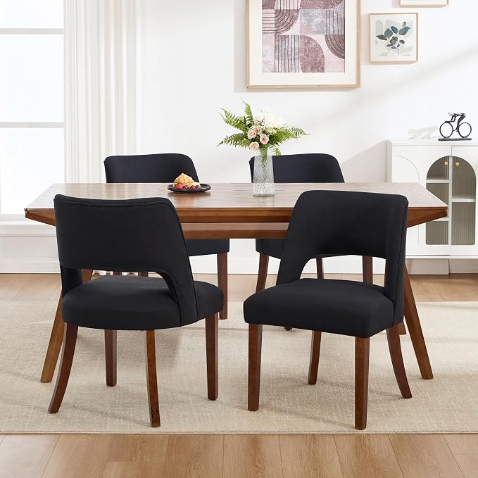 Dining Chairs Set of 6,Modern Dining Room Chairs with Thick Cushions,Upholstered Linen Fabric Kitchen Chairs for Kitchen Dining Room Black