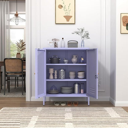 Purple Metal Storage Cabinet with Adjustable Shelf, Lockable 2 Door Sideboard, Multipurpose Widened Storage Locker for Kitchen Home Bedroom Living Room Office 33" H X 29.5" W X 13.8" D