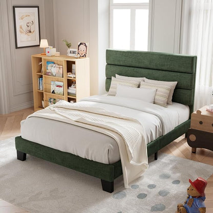 Allewie Twin Size Platform Bed Frame with Fabric Upholstered Headboard and Wooden Slats Support, Fully Upholstered Mattress Foundation/No Box Spring Needed/Easy Assembly, Green