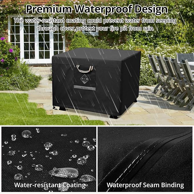 QH.HOME Fire Pit Cover Square Super Waterproof, 44" L x 44" W x 24" H Outdoor Firepit Table Cover 600D Strong Tear Resistant, UPF 50+ Fire Pit Cover Fading Resistant for Square Fire Pit - Black