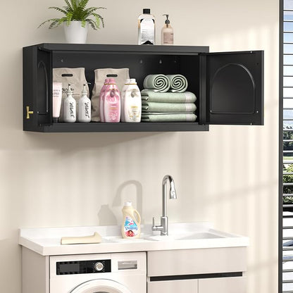 32" Metal Wall Cabinet 2 Doors,Black Hanging Cabinets with Handle,Metal Wardrobe Cabinets,Armoire Wardrobe Closet,Clothes Storage Cabinet for Bedroom,Laundry Room,Bathroom