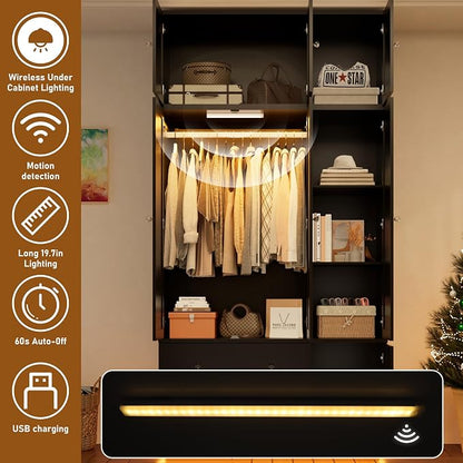 92.2" Tall Armoire Wardrobe Closet with Mirror & Motion Sensor Light, Large Storage Cabinet with 2 Drawers, Hanging Rod & Adjustable LED Strip, Anti-Tipping Wood Bedroom Furniture, 47.4"L, Black