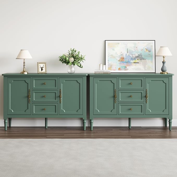 FansaFurn Green Storage Cabinet, Mid-Century Buffet Cabinet with 2 Doors & 3 Drawers, Accent Sideboard Cabinet with Adjustable Shelves & Turned Legs, Great for Entryway, Living Room, Dining Room