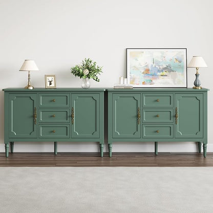 FansaFurn Green Storage Cabinet, Mid-Century Buffet Cabinet with 2 Doors & 3 Drawers, Accent Sideboard Cabinet with Adjustable Shelves & Turned Legs, Great for Entryway, Living Room, Dining Room
