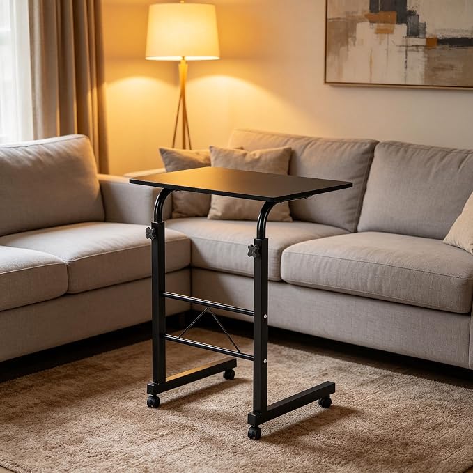 Standing Desk - Side Table Adjustable Height, Portable Laptop Cart, C-Shaped Bed Couch end Tables with Edge Stopper - Wheels for Living Room Bedroom Walking Pad Treadmill 31.5Inch Black