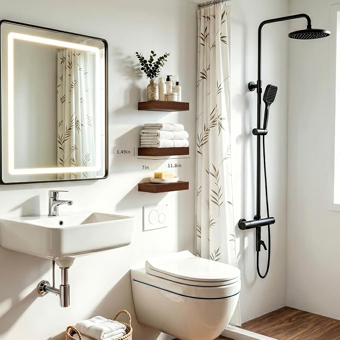 Floating Shelves, Walnut-Like Wooden Set of 3 Wall Mounted Bathroom Shelves Over Toilet, Modern Small Hanging Shelves for Bedroom Living Room Kitchen Rustic Home Decor, 12" x 7" x 1.5"