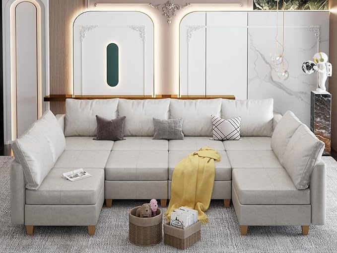 EASE MOOSE Modualr Sectional Couch U Shaped Sofa with Storage Ottomans, Gray Faux Leather Sectional Sofa Modular Couch，Whitesand