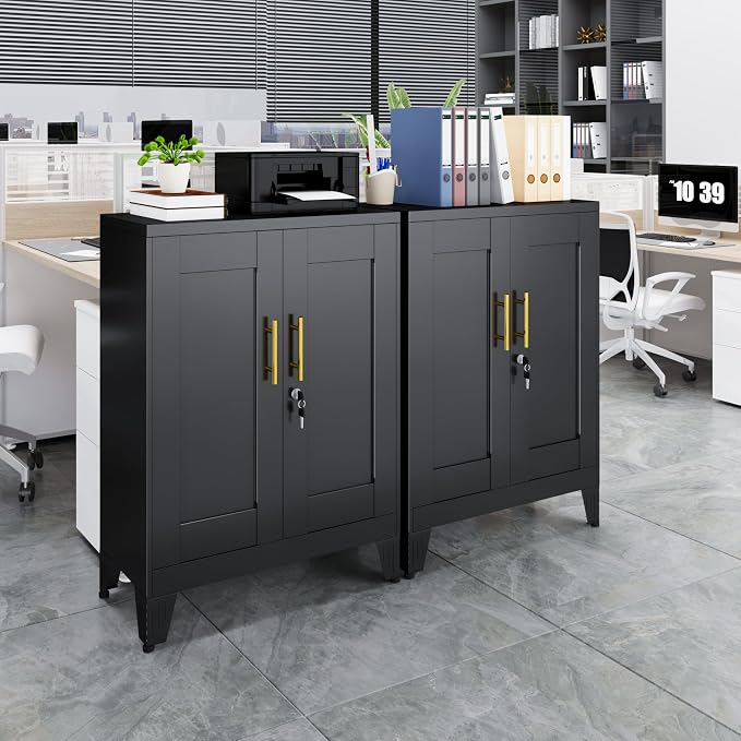 GAIOUS Black Metal Pantry Cabinet with Lock(Two Units), Sideboard Buffet | Storage Cabient with Doors and 2 Adjustable Shelves, Multifunctional Kitchen Cupboard for Home Office, Buffet Table
