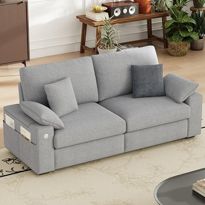 MALOL 76" Loveseat Couch, 3 Seater Upholstered Midcentury Mondern Love Seat with USB Type C Ports, 4 Pillows and Storage Armrest Cloud Foam Sofa for Living Room/Small Spaces, Grey | Breathable material