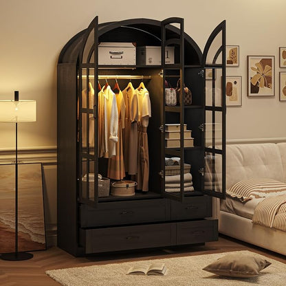 Squireewo 78" Arched Armoire Wardrobe Closet with Motion Sensor LED Light, 3 Windowpane Glass Doors & 4 Drawers, Large Wood Bedroom Storage Cabinet, Clothing Organizer with Hanging Rod, Black