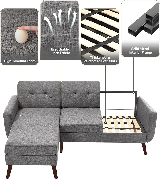 Kingfun L Shaped Couch, 80" W Mid-Century Modern Sofa, Sectional Couches, 3 Seater Sofas with Wide Chaise Lounge, Button Tufted Upholstered Sectional Sofa for Living Room, Bedroom, Gray
