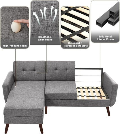 Kingfun L Shaped Couch, 80" W Mid-Century Modern Sofa, Sectional Couches, 3 Seater Sofas with Wide Chaise Lounge, Button Tufted Upholstered Sectional Sofa for Living Room, Bedroom, Gray