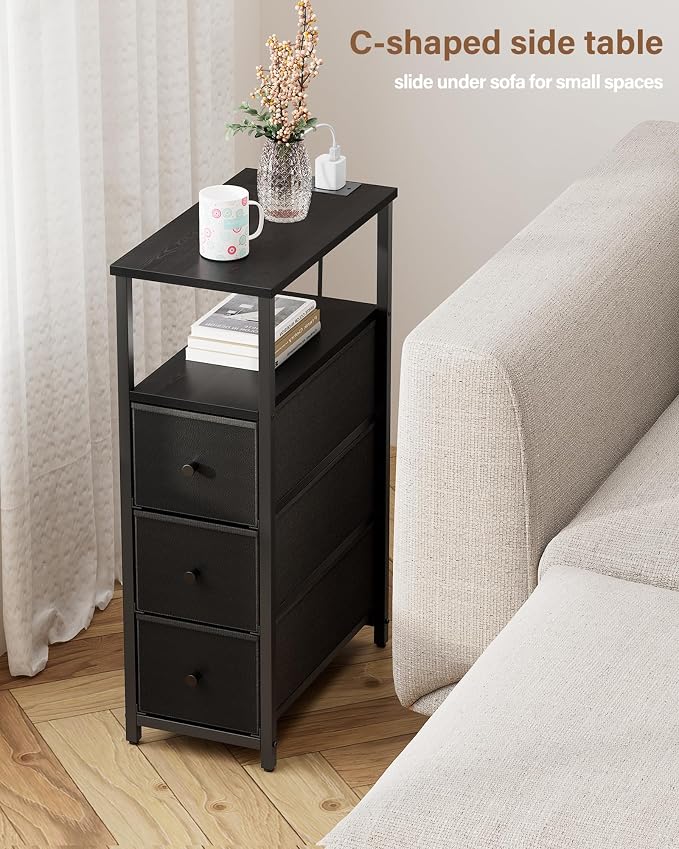TUTOTAK Narrow Night Stand with Charging Station, Slim End Table with Plugins, Tall Side Table with 3 Fabric Drawer, Small Bedside Table with Storage, Set of 2, Living Room, Bedroom, Black TB01BK073