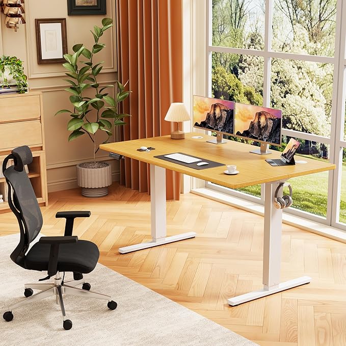 Sweetcrispy Electric Standing Desk Adjustable Height, 48x24 Inch Sit Stand Up Home Office Desks Computer Workstation PC Work Table with 3 Memory Preset Splice Wood Board Metal Frame, Oak