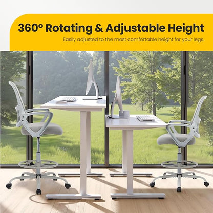 Sweetcrispy Tall Drafting Desk Chair - Ergonomic High Stool Computer with Adjustable Height and Comfy Lumbar Support, Office Rolling Counter with Flixed Arms and Footrest, Grey