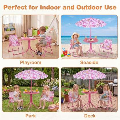 HONEY JOY Kids Picnic Table, Animal Themed Toddler Outdoor Table and Chair Set, 2 Folding Chairs & Removable Umbrella, Children Outdoor Furniture for Backyard Patio Garden (Pink Bee)