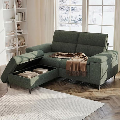 71.25" L Shaped Sectional Couches for Living Room, Deep Seat Sofa with Big Storage Ottoman & 8”Cushion, Comfy 2-Seater Chenille Loveseat, Convertible Armrest, Removable Cover for Small Space(Green)