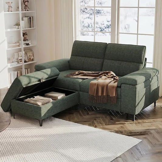 71.25" L Shaped Sectional Couches for Living Room, Deep Seat Sofa with Big Storage Ottoman & 8”Cushion, Comfy 2-Seater Chenille Loveseat, Convertible Armrest, Removable Cover for Small Space(Green)