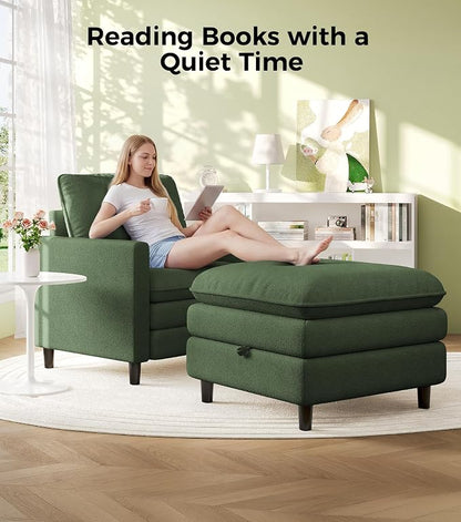 Welzona 3-Layers Cloud Accent Chair with Ottoman, 33" Comfy Reading Chair for Bedroom, Living Room, Tool-Free Assembly with Teddy Fabric Arm Chairs and Ottoman Set, Green, Removable Washable Cover