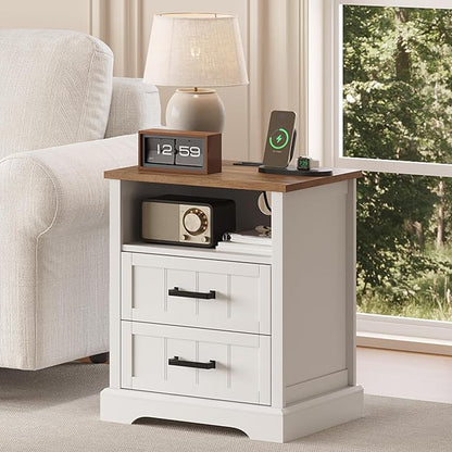 ChooChoo Farmhouse Night Stands with Charging Station, Wood Nightstand Set of 2 with 2 Drawers, Bedside Table with Open Storage Shelf for Bedroom, White