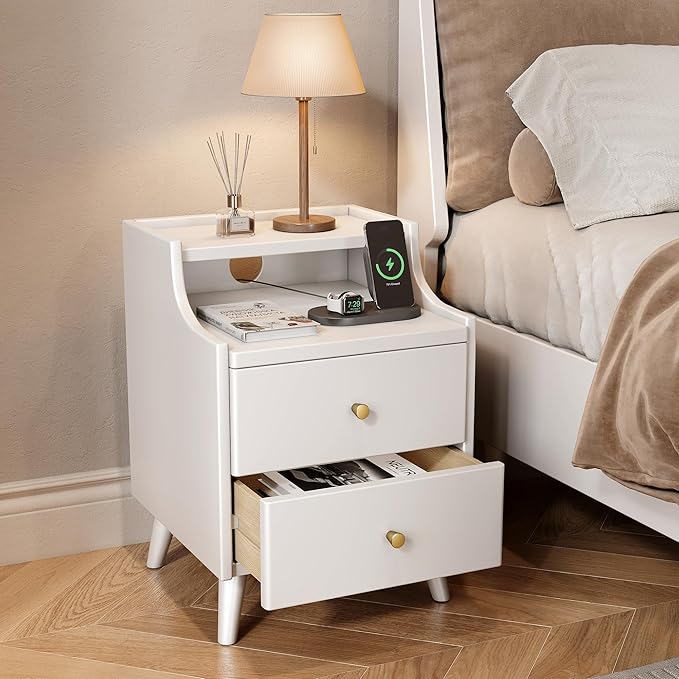 Narrow Nightstand with Drawers, 15.7" Slim Solid Wood Bedside Table with Open Shelf & Cable Hole, Modern Storage Side Table for Bedroom, White