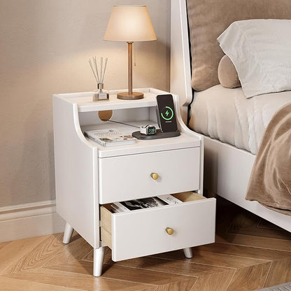 Narrow Nightstand with Drawers, 15.7" Slim Solid Wood Bedside Table with Open Shelf & Cable Hole, Modern Storage Side Table for Bedroom, White