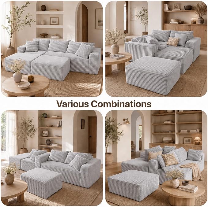 Claiks 94" Boneless Couch, Cloud Couch Sectional, U-Shape Corduroy Modular Sectional Sofa Deep Seat, Upholstered Couches for Living Room, No Assembly Required, Light Grey