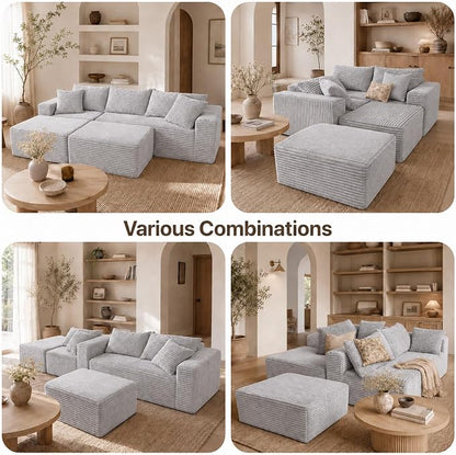 Claiks 94" Boneless Couch, Cloud Couch Sectional, U-Shape Corduroy Modular Sectional Sofa Deep Seat, Upholstered Couches for Living Room, No Assembly Required, Light Grey