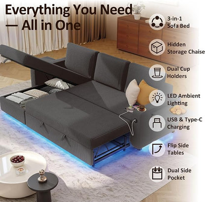 Ball & Cast 80" Sectional Sleeper Sofa Bed Pull Out Couches for Living Room | L Shaped Convertible Pull Out Sofa Bed with Storage Chaise, LED Lights, Foldable Table, USB Ports, Cup Holder and Side Pocket