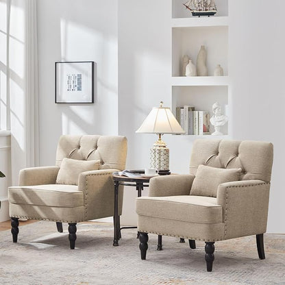 HUIMO Tufted Club Chair Set of 2 with Lumbar Pillow,Accent Chair Upholstered Button Armchair, Linen Fabric Sofa Chairs for Bedroom, Living Room, Mid Century Modern Reading Chair,Brown