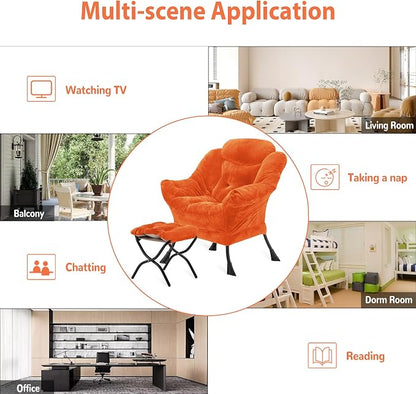 Youtanic Lazy Chair with Folding Ottoman, Accent Chair Plush Upholstered with Metal Structure and Non-Slip Pads, Sofa Armchair with Footrest and Side Storage Bag for Dorm, Room, Office, Orange