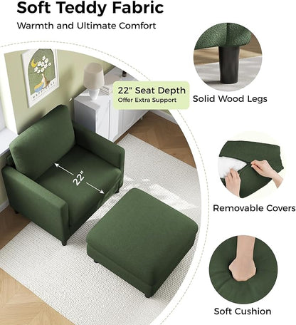 Welzona Sofa Accent Chair with Ottoman, 33" Reading Chair and Ottoman Set for Bedroom, Tool-Free Setup Living Room Accent Chairs, Comfy Arm Chairs Living Room, All-Wood Reading Nook, Green