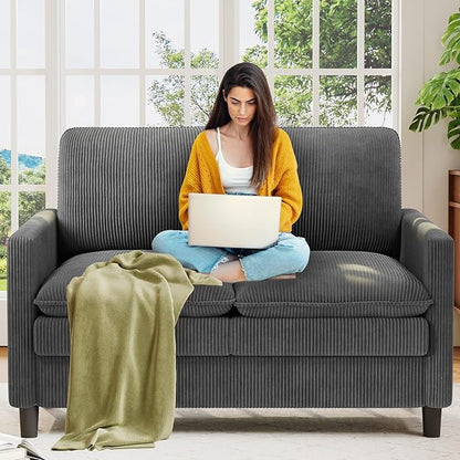 Welzona 3-Layers Cloud Loveseat Sofa, 51" Corduroy Small Couch for Living Room, Bedroom - Tool-Free Assembly Small Sofa - Grey - Futon Couch - Removable Washable Covers - 650lbs Capacity