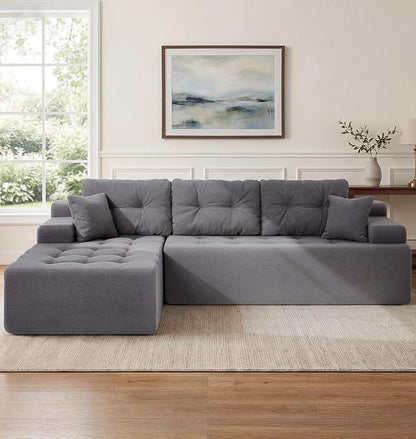 Hobestluk Modular Sectional Sofa Couches L-Shape Couch 3 Seat Modular Sofa Memory Foam Sectional Couches for Living Room, Cloud Couch with Oversized Chaise (Grey Tufted, 96", Left Hand Facing)