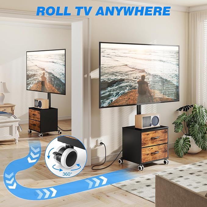 Rfiver Rolling TV Stand with Power Outlet and 2 Drawers for 32-60 Inch TVs, Swivel Mobile TV Cart with Wheels, 6-Level Height Adjustable Floor TV Mount up to 88lbs, Max VESA 400x400mm