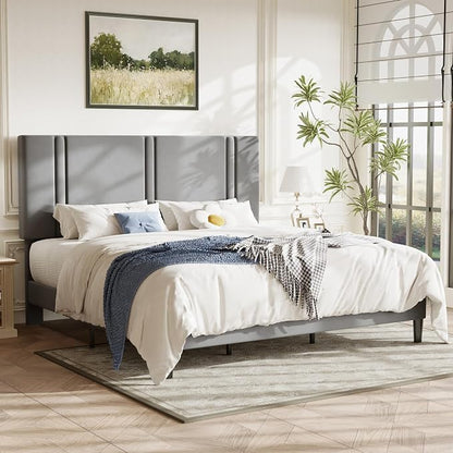 Allewie King Size Platform Bed Frame with Adjustable Headboard, Plush Velvet Upholstered, Vertical Channel Tufted, Sturdy Wooden Slats, No Box Spring Needed, Easy Assembly, Grey