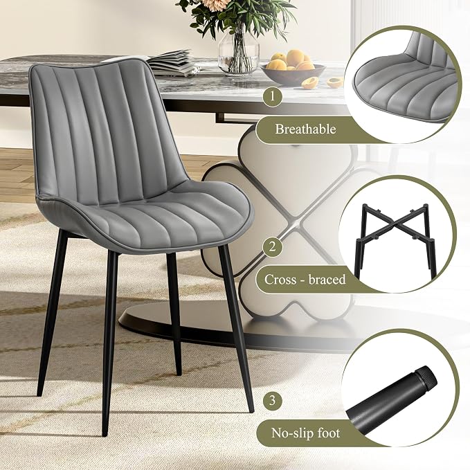 VECELO Dining Chairs Set of 4, Vegan Leather Fabric & Metal Frame, Mordern Style for Kitchen, Living Room,Offcie，Light Grey