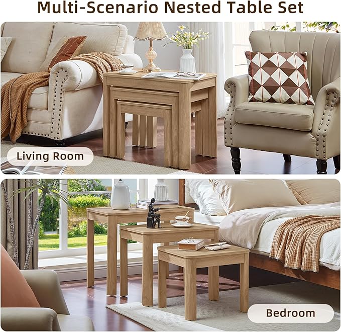 Joaxswe Farmhouse Nesting Tables Set of 3, Nesting Side Tables with Rounded Corners & 4 Thickened Table Legs, Natural Wood