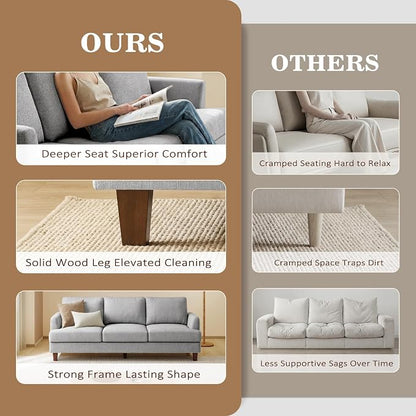 Gericco Mid Century Modern Couches for Living Room, 89" Comfy Grey Couch Sofa with 3-Seater Deep Seats, Upholstered Sofas for Living Room, Office Apartment, Bedroom, Light Grey