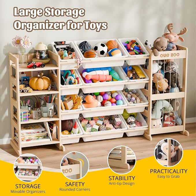 Large Kids Toy Storage Organizer - Toy Organizers and Storage with Stuffed Animal Storage, Solid Wood Toy Storage Shelf with 12 Plastic Bins, 4-Tier Bookshelf for Kids Room, Playroom, Bedroom, 59 inch