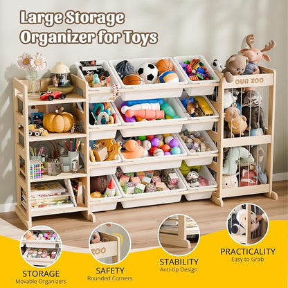 Large Kids Toy Storage Organizer - Toy Organizers and Storage with Stuffed Animal Storage, Solid Wood Toy Storage Shelf with 12 Plastic Bins, 4-Tier Bookshelf for Kids Room, Playroom, Bedroom, 59 inch