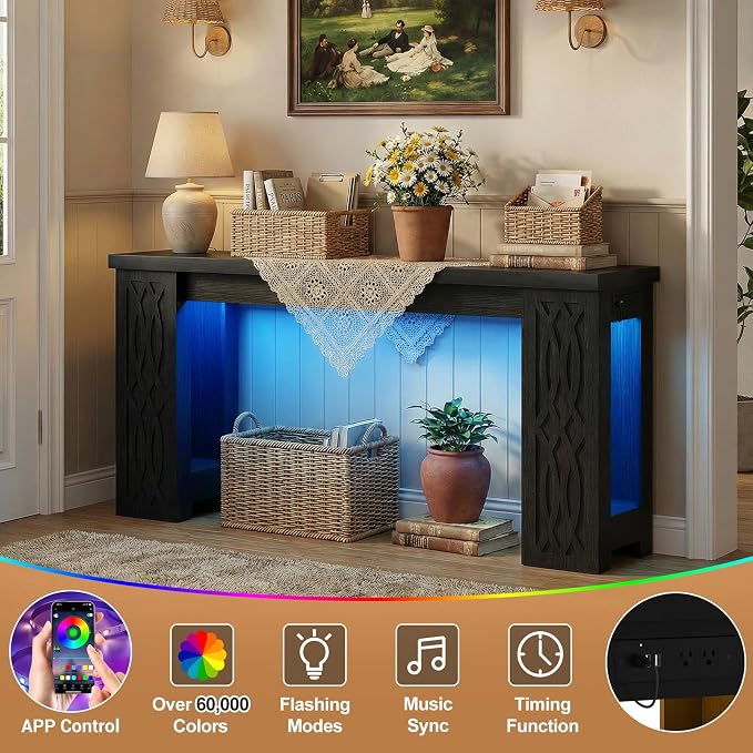 Cyclysio 63" Console Table with Outlet, Farmhouse Entryway Table with Colorful LED Lights, Wooden Sofa Table with Unique Carved Design, Foyer Accent Table for Entrance, Hallway, Living Room
