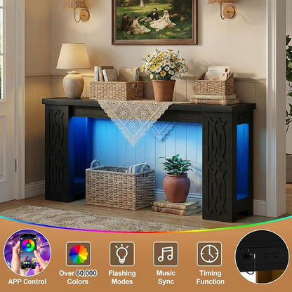 Cyclysio 63" Console Table with Outlet, Farmhouse Entryway Table with Colorful LED Lights, Wooden Sofa Table with Unique Carved Design, Foyer Accent Table for Entrance, Hallway, Living Room